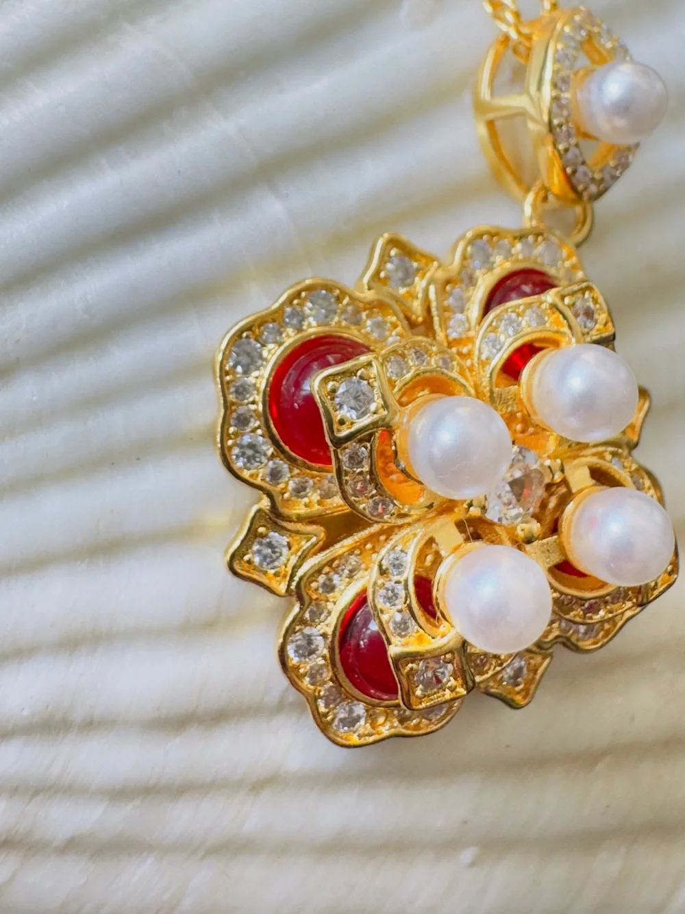 Gold-Tone Pearl & Red Crystal Floral Pendant Necklace - Women Jewelry